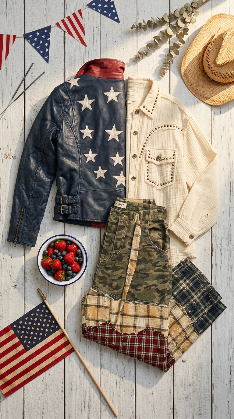 Fourth of July vacation outfit flat lay — star leather jacket, studded cream western shirt, camo patchwork pants, straw cowboy hat, US flag, and berries
