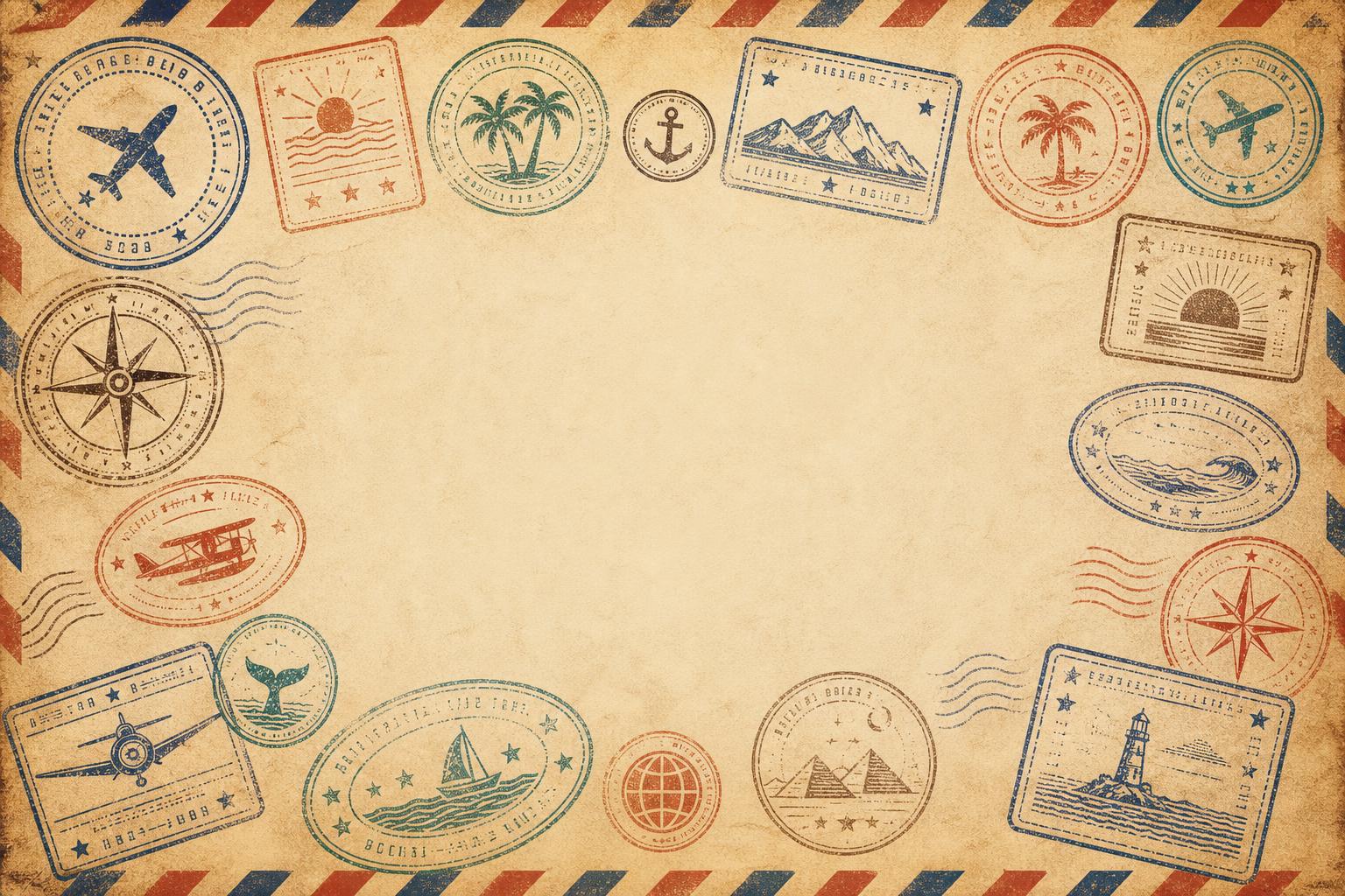 Vintage passport stamp collage on warm parchment