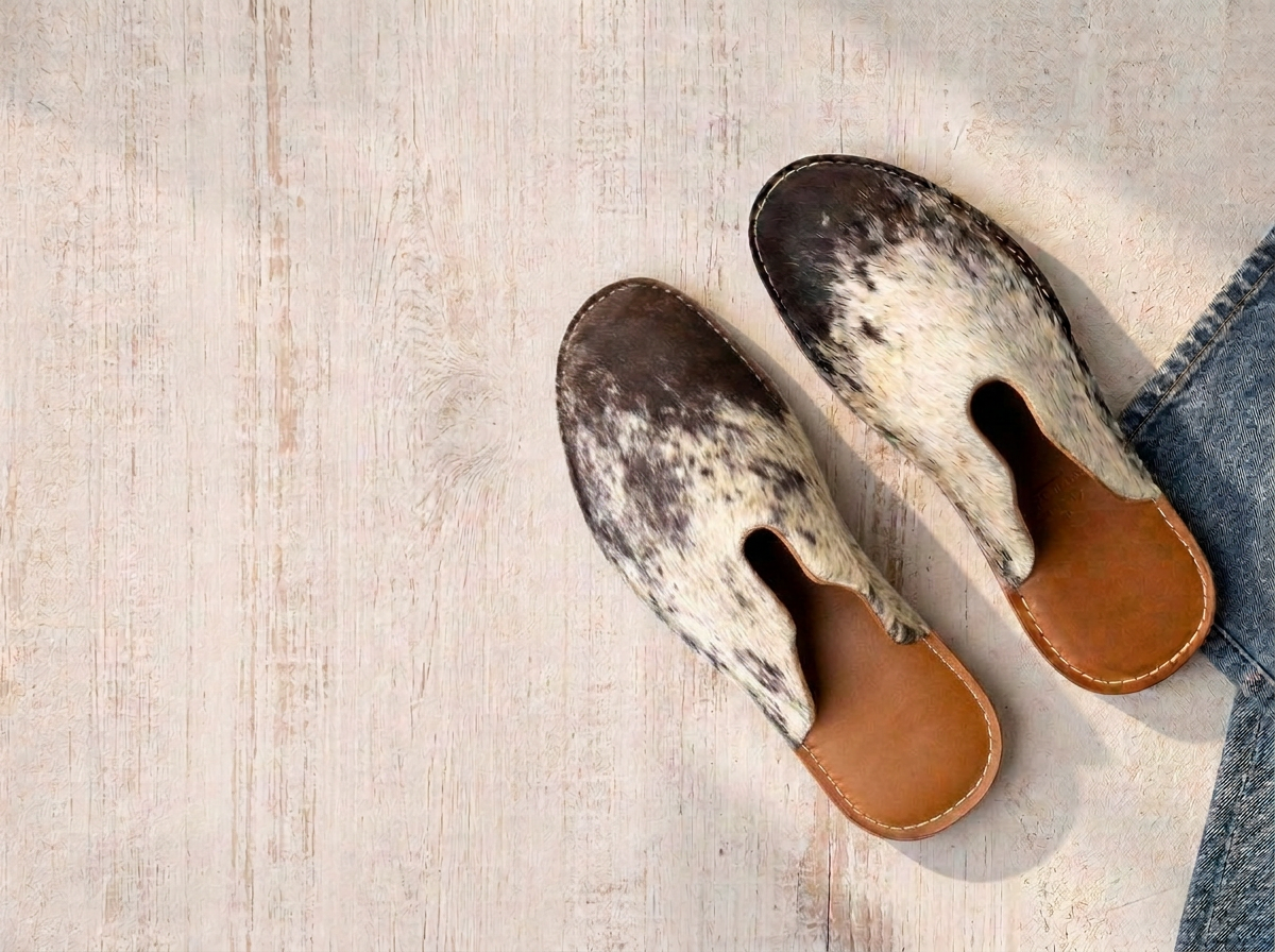 Romin' Round cowhide leather slippers beside denim on pale wood flooring