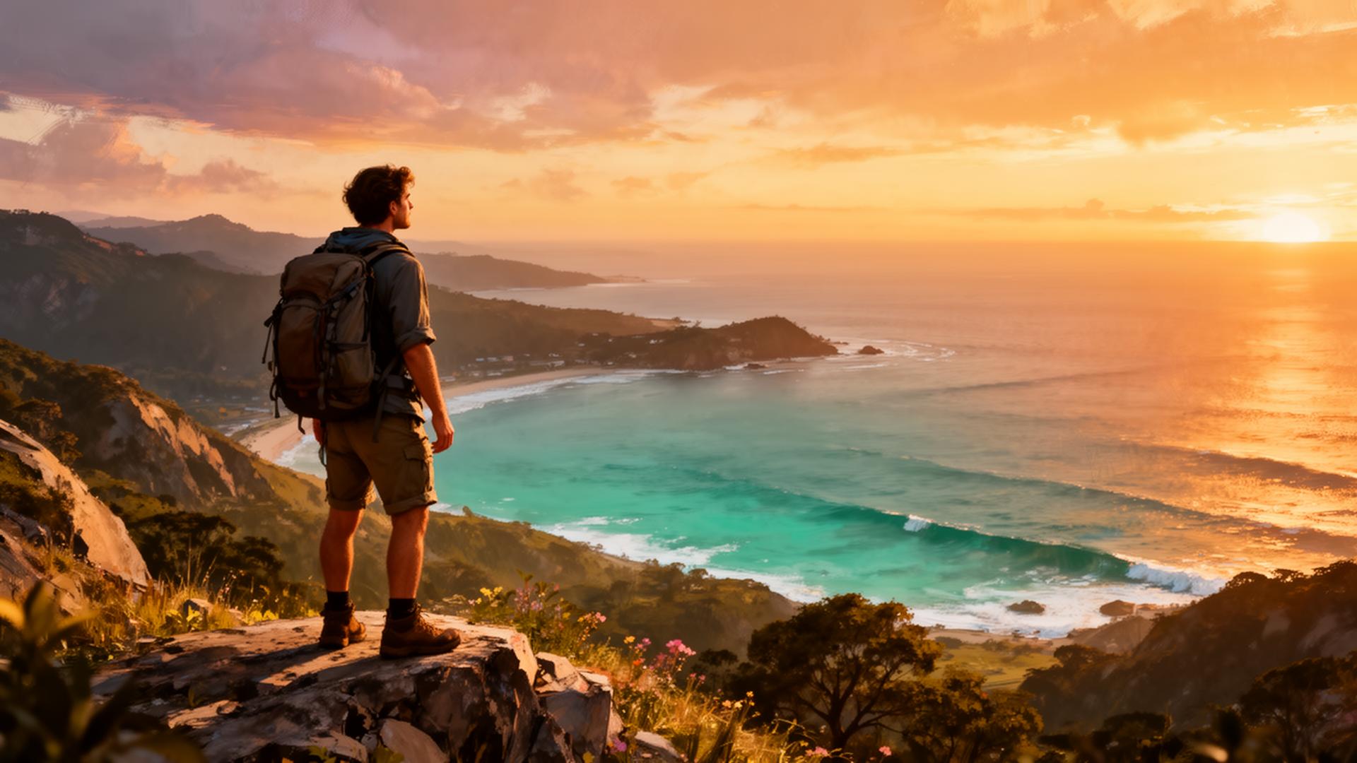 Traveler overlooking a coastal sunset